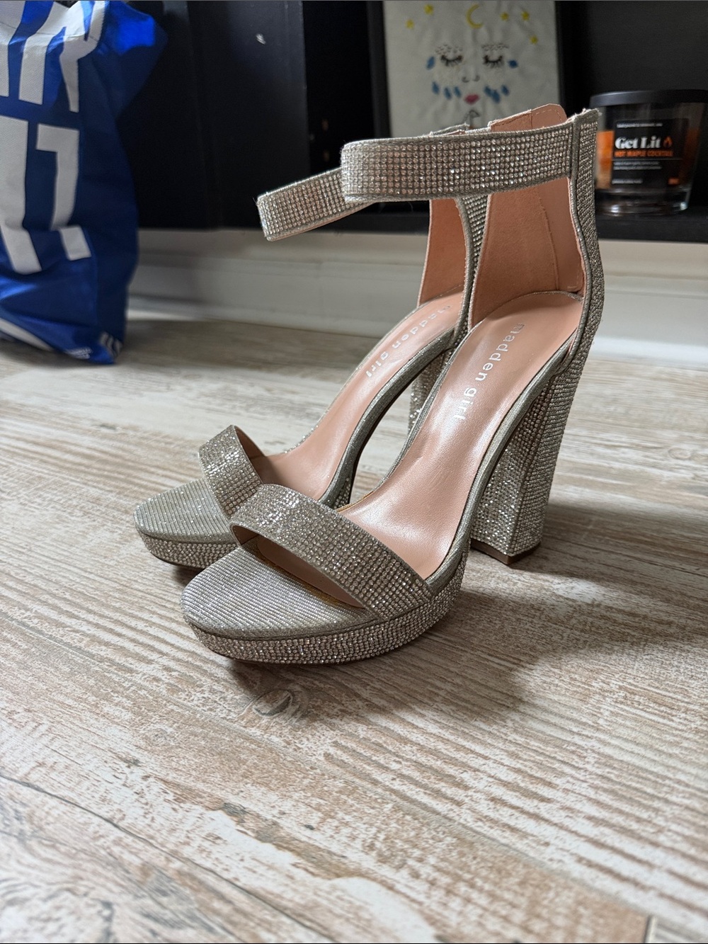 Madden Girl Silver Crystal Platform Block Heels